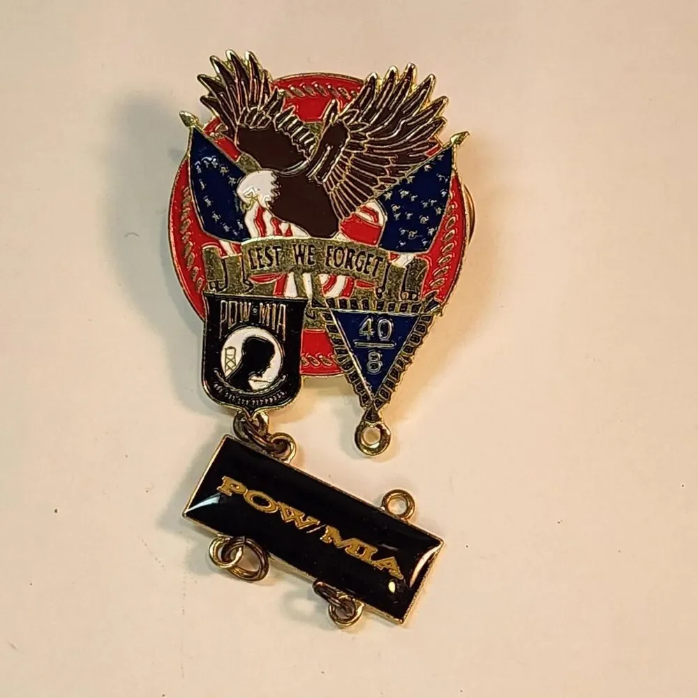 POW MIA pin with eagle, American flag, and 'LEST WE FORGET' Brooch Pin Read See